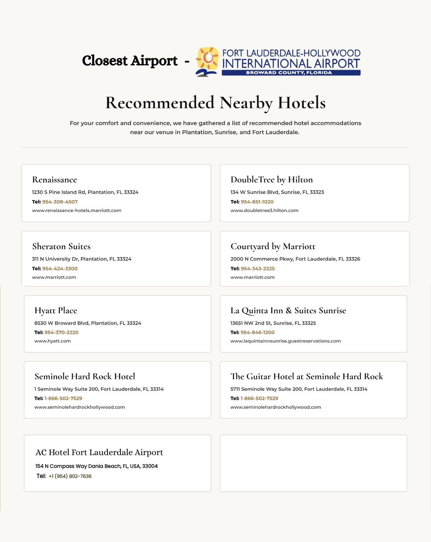 Closest Hotel Information...
